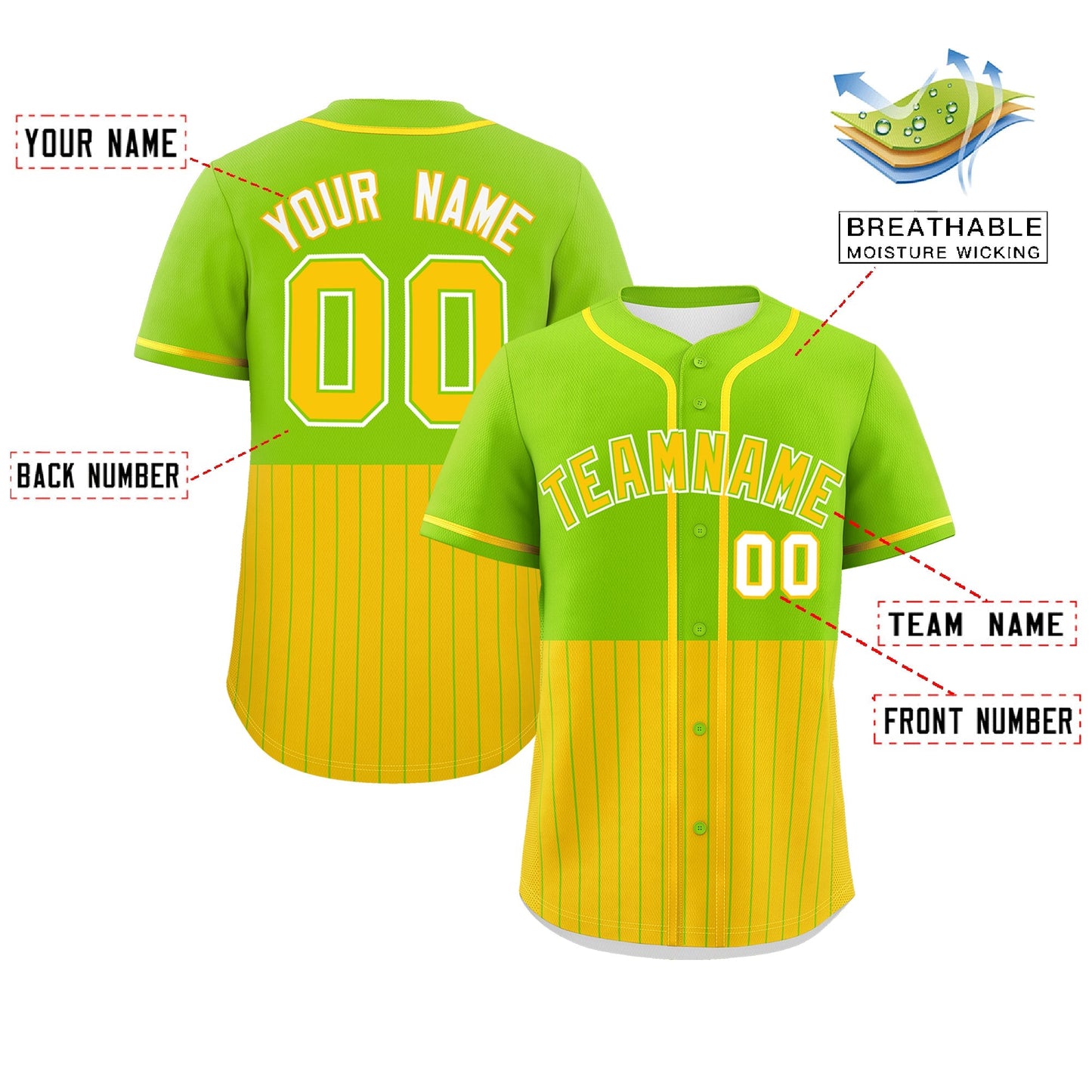 Custom Neon Green Gold Personalized Half Stripe Design Authentic Baseball Jersey