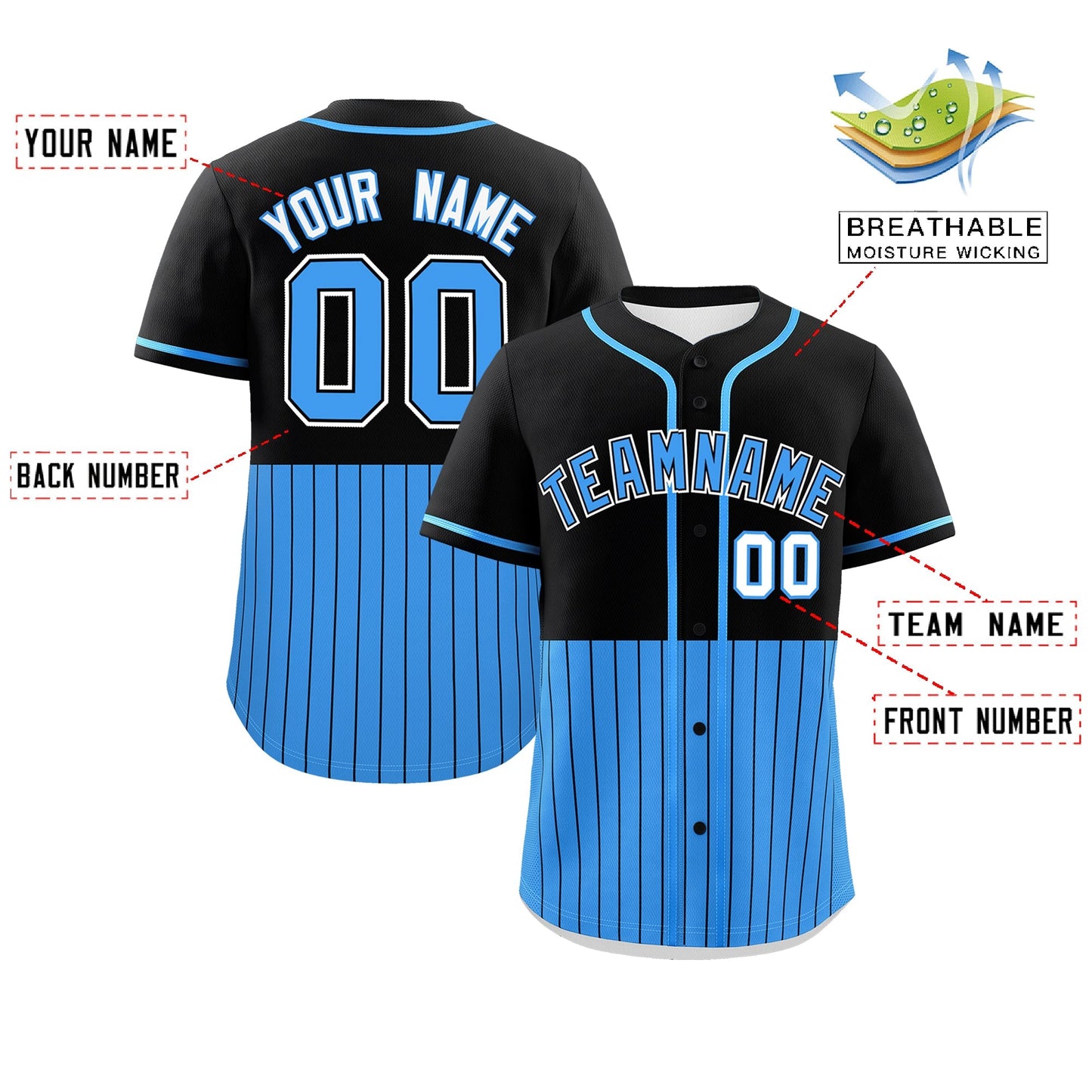 Custom Black Powder Blue Personalized Half Stripe Design Authentic Baseball Jersey