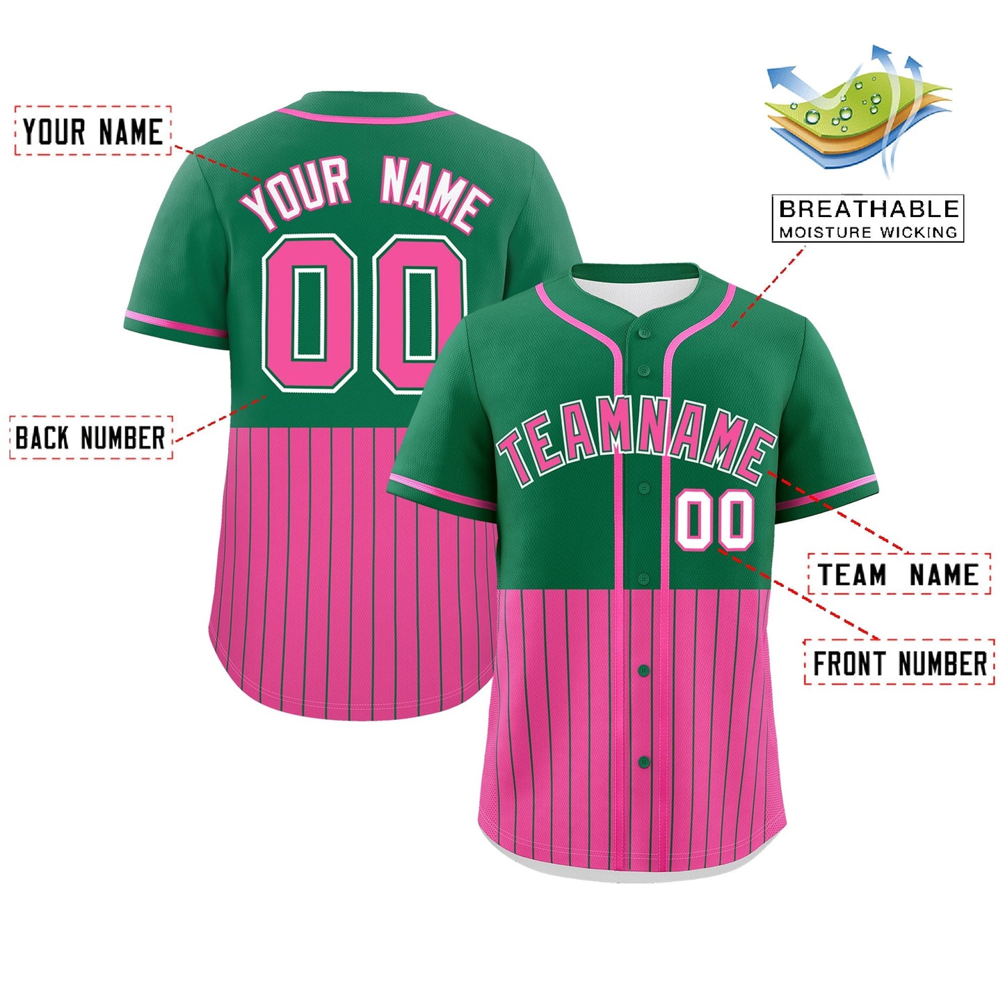 Custom Kelly Green Pink Personalized Half Stripe Design Authentic Baseball Jersey