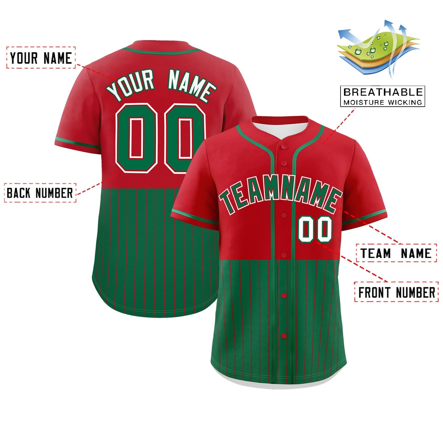 Custom Red Kelly Green Personalized Half Stripe Design Authentic Baseball Jersey