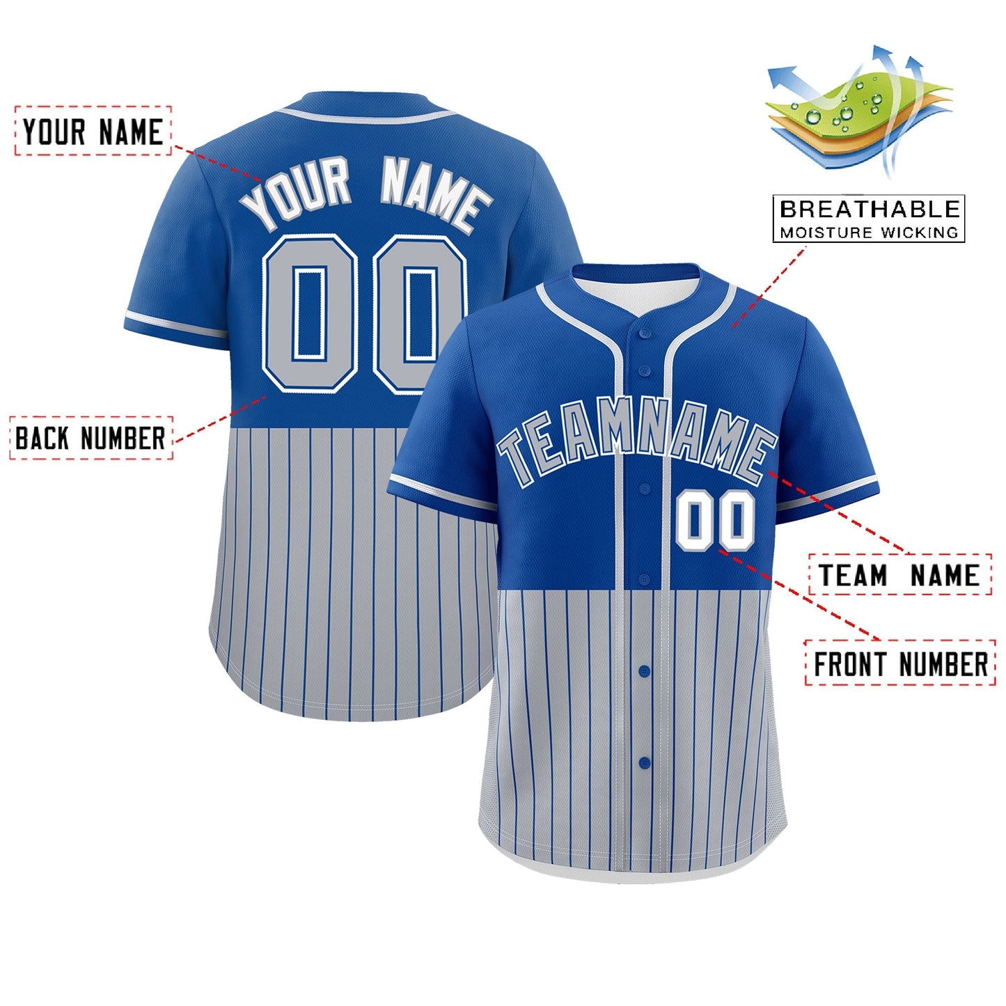 Custom Royal Gray Personalized Half Stripe Design Authentic Baseball Jersey