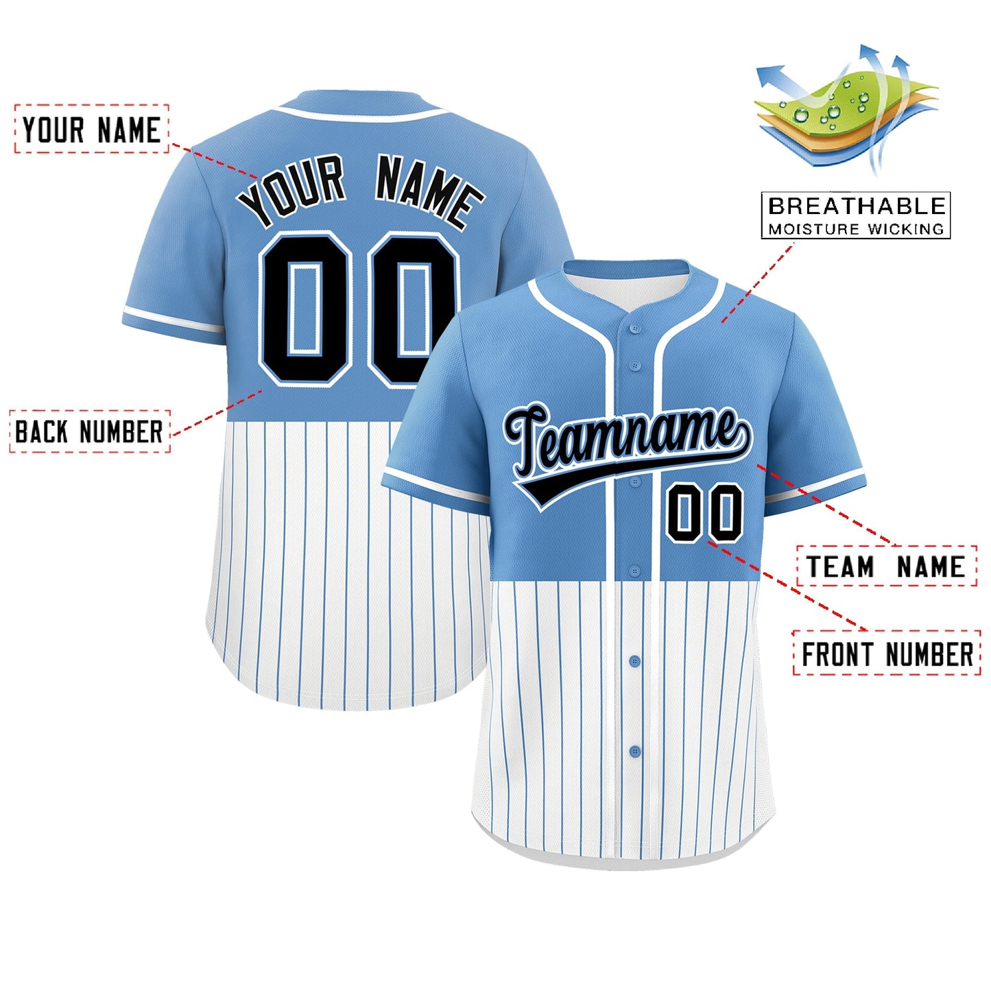 Custom Light Blue White Personalized Half Stripe Design Authentic Baseball Jersey