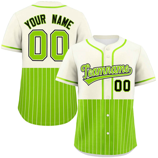 Custom Cream Neon Green Personalized Half Stripe Design Authentic Baseball Jersey