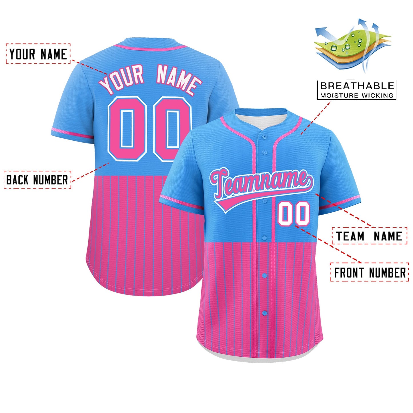 Custom Powder Blue Pink Personalized Half Stripe Design Authentic Baseball Jersey