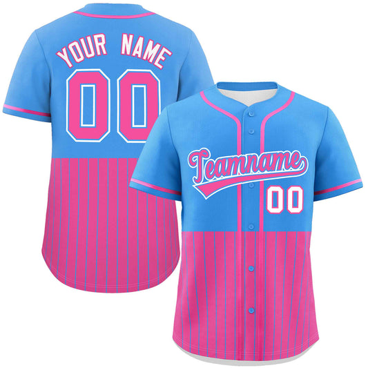 Custom Powder Blue Pink Personalized Half Stripe Design Authentic Baseball Jersey