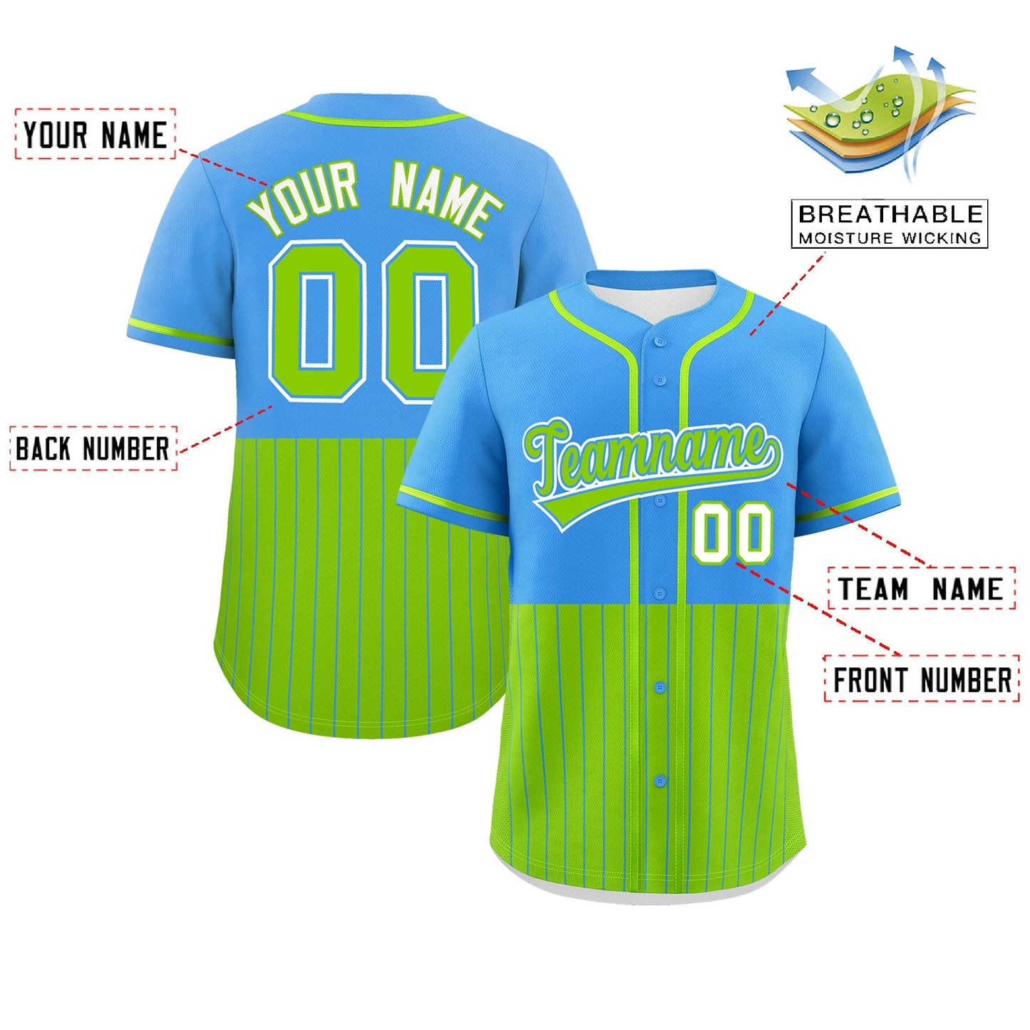 Custom Powder Blue Neon Green Personalized Half Stripe Design Authentic Baseball Jersey