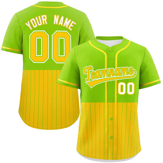 Custom Neon Green Gold Personalized Half Stripe Design Authentic Baseball Jersey