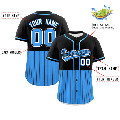 Custom Black Powder Blue Personalized Half Stripe Design Authentic Baseball Jersey