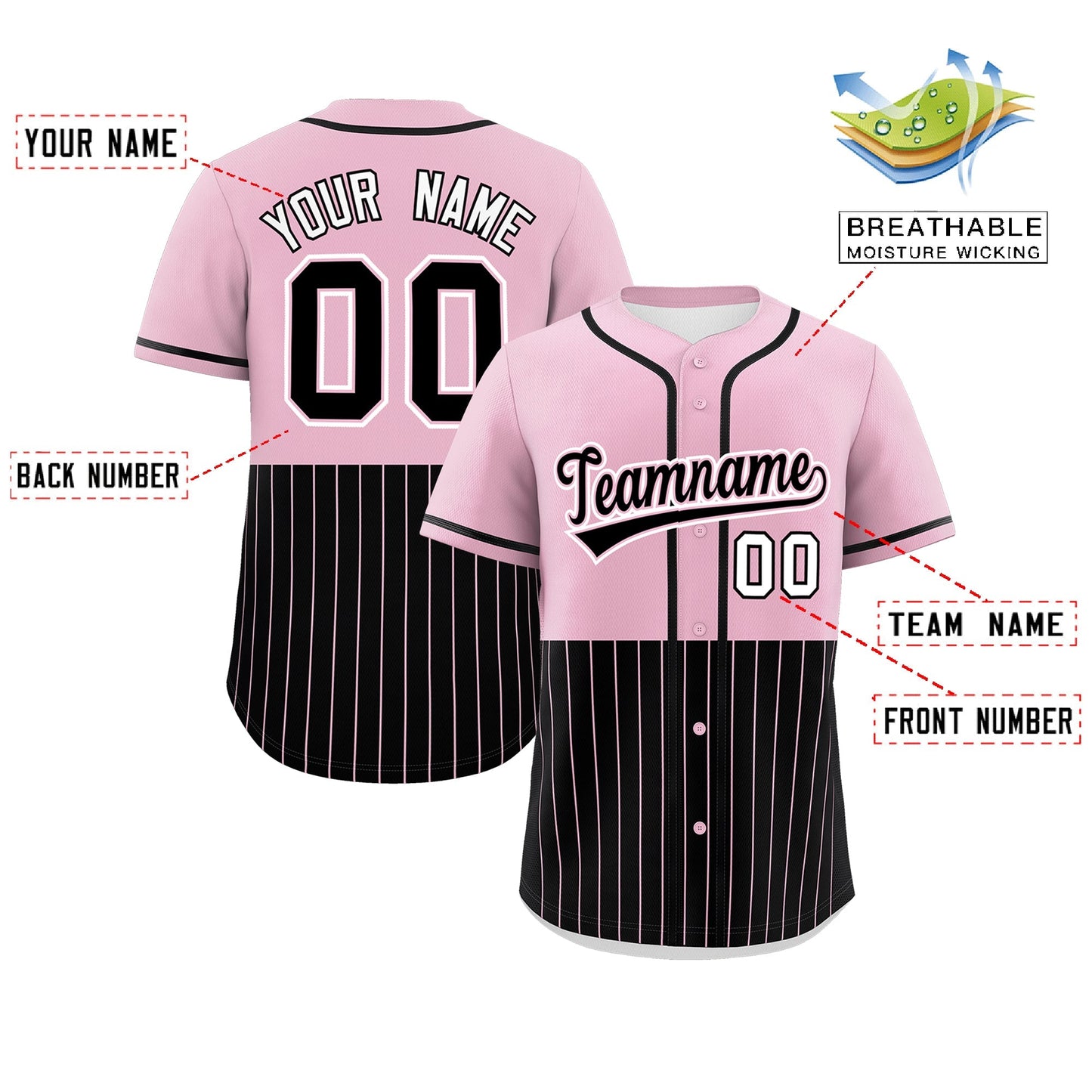 Custom Light Pink Black Personalized Half Stripe Design Authentic Baseball Jersey