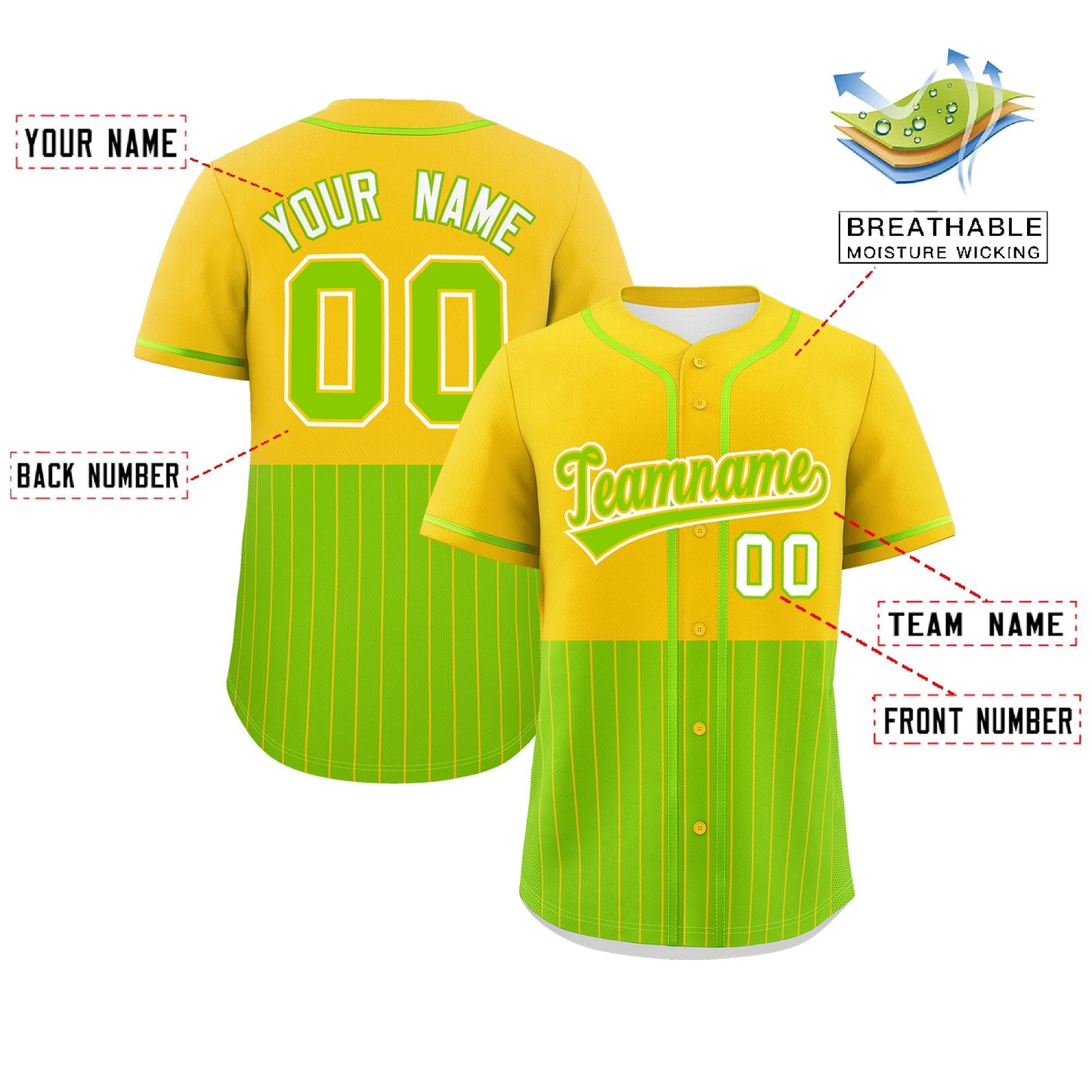 Custom Gold Neon Green Personalized Half Stripe Design Authentic Baseball Jersey