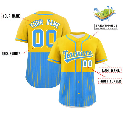 Custom Gold Powder Blue Personalized Half Stripe Design Authentic Baseball Jersey