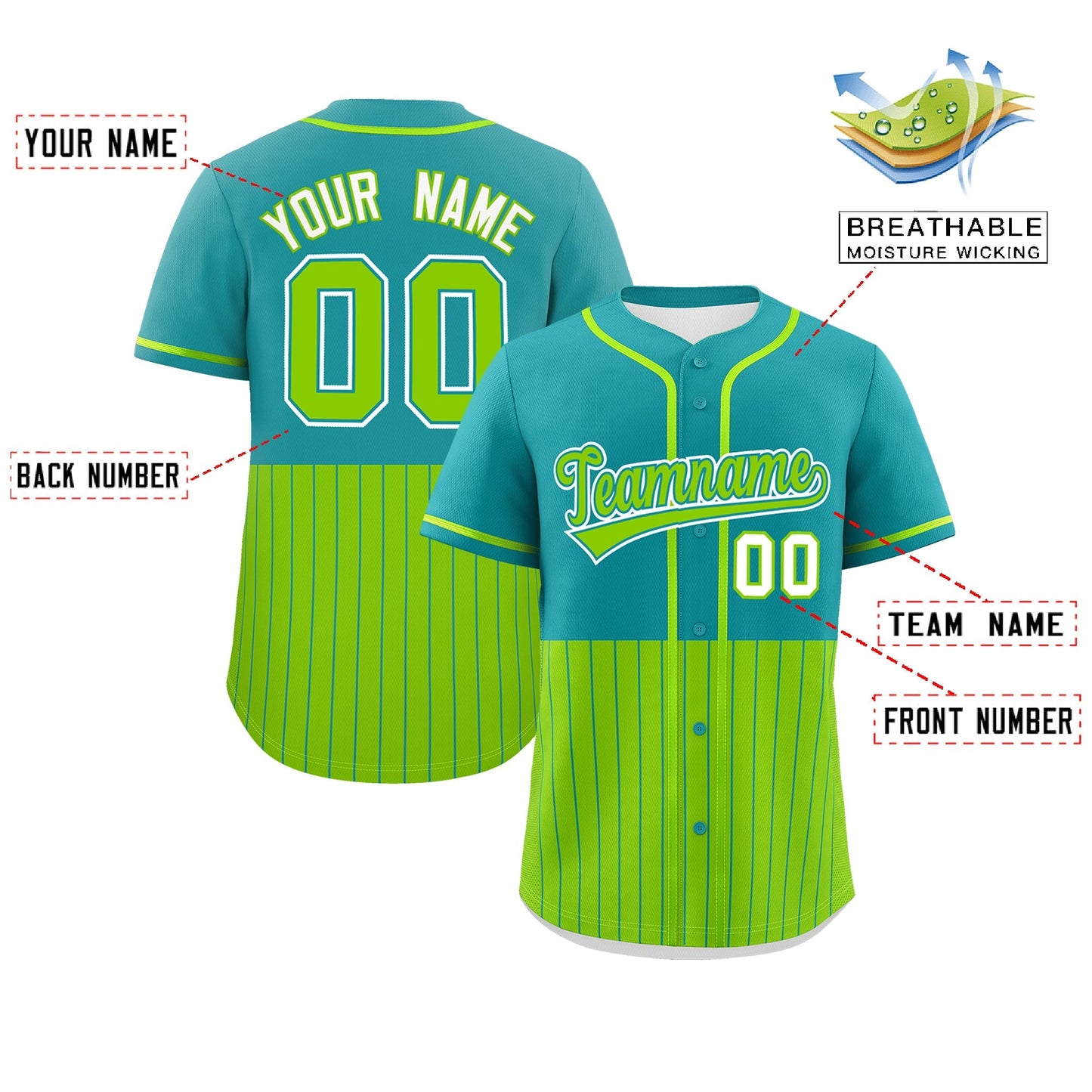 Custom Aqua Neon Green Personalized Half Stripe Design Authentic Baseball Jersey