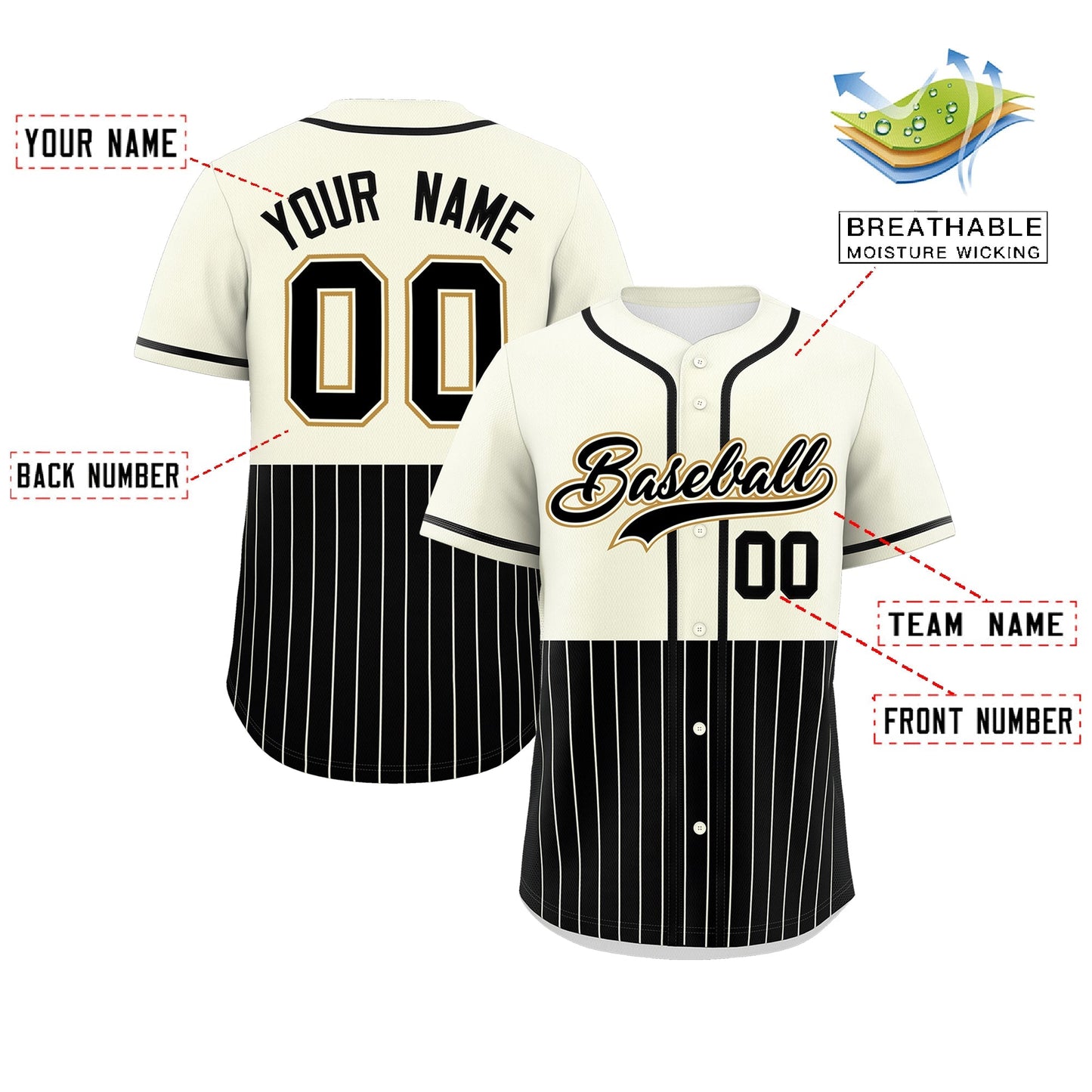 Custom Cream Black Personalized Half Stripe Design Authentic Baseball Jersey