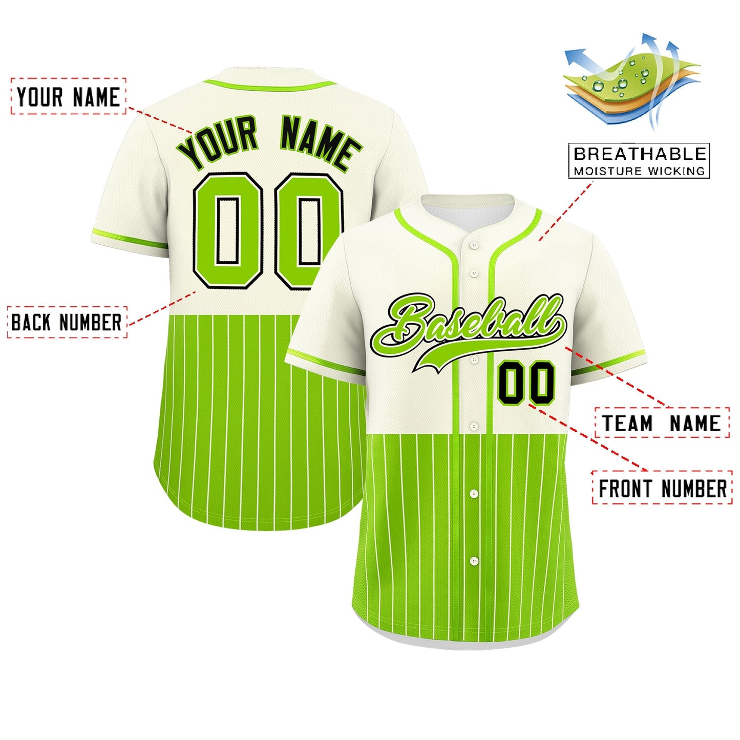 Custom Cream Neon Green Personalized Half Stripe Design Authentic Baseball Jersey