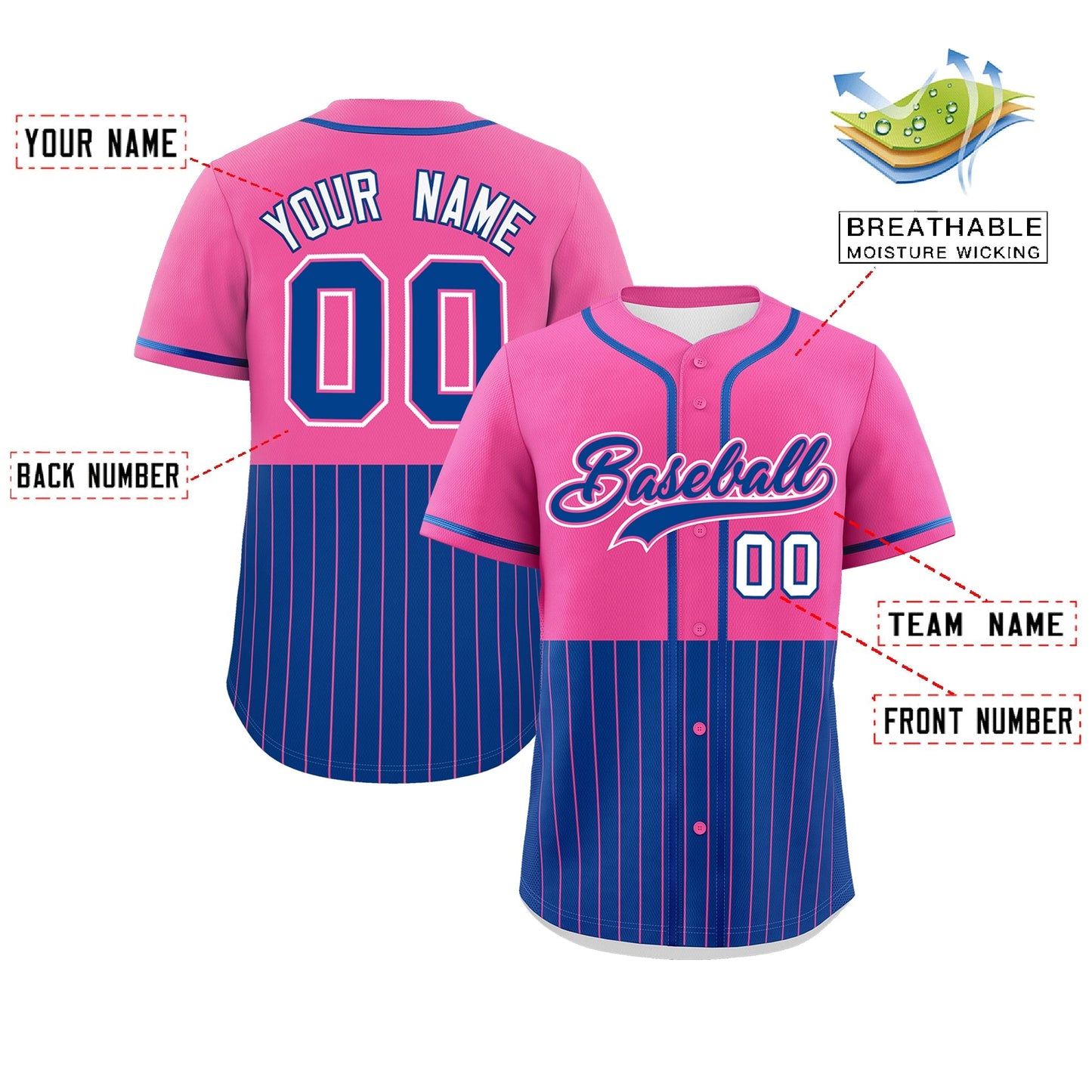 Custom Pink Royal Personalized Half Stripe Design Authentic Baseball Jersey