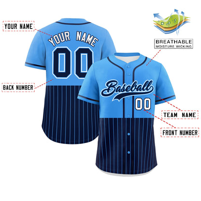 Custom Powder Blue Navy Personalized Half Stripe Design Authentic Baseball Jersey