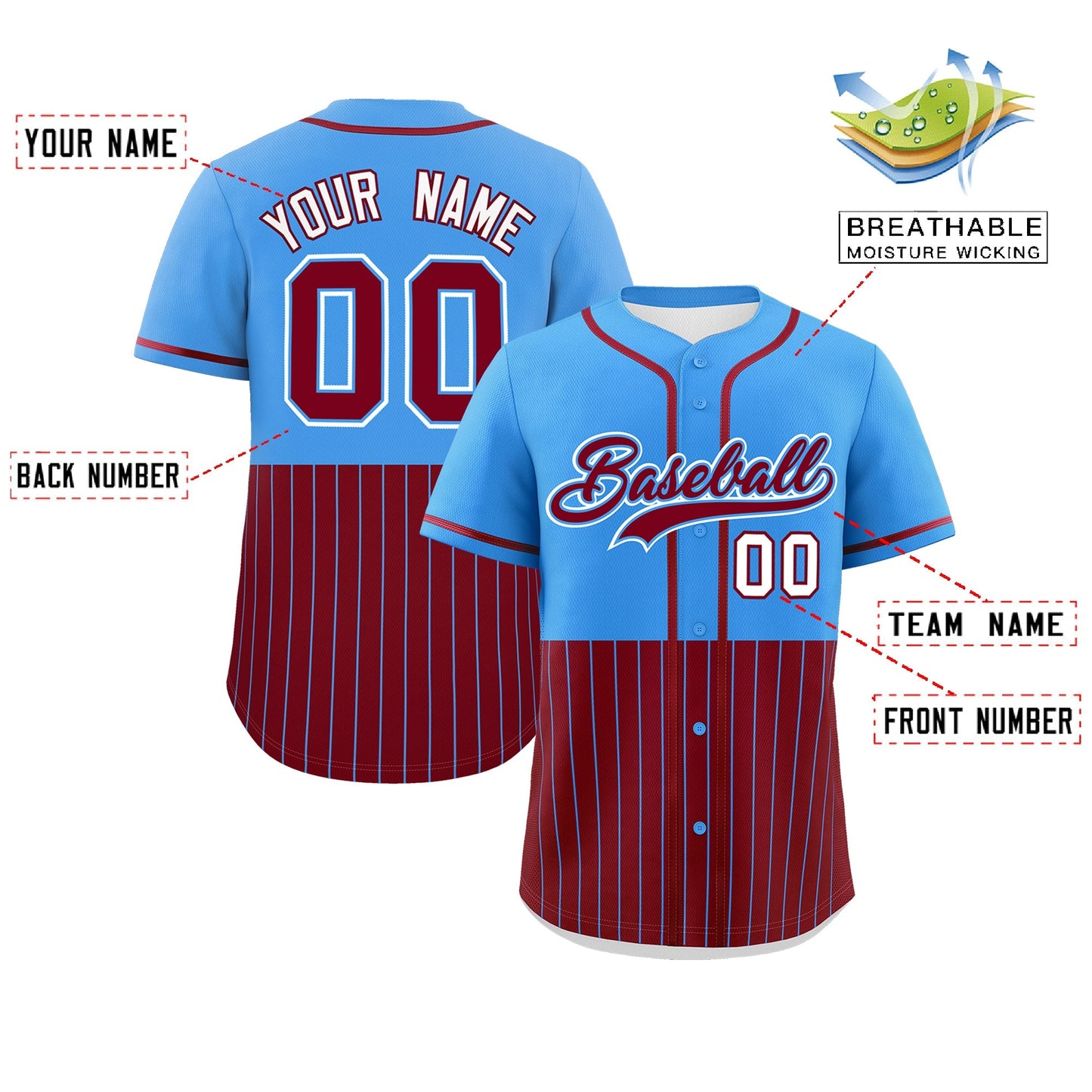 Custom Powder Blue Crimson Personalized Half Stripe Design Authentic Baseball Jersey