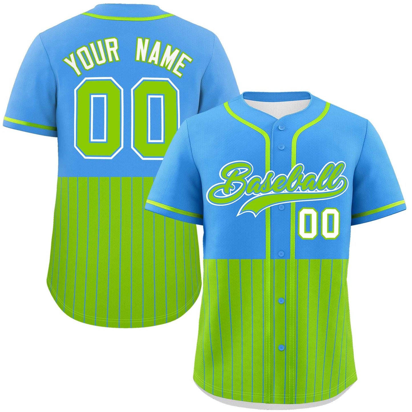 Custom Powder Blue Neon Green Personalized Half Stripe Design Authentic Baseball Jersey