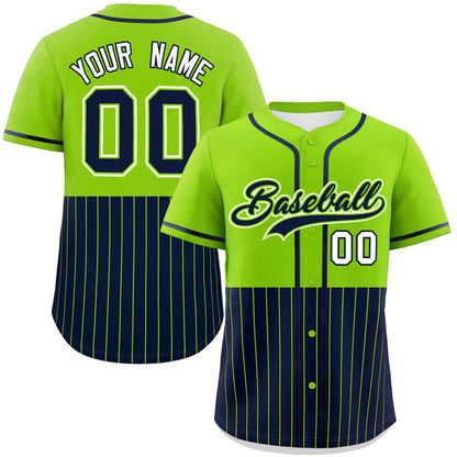 Custom Neon Green Navy Personalized Half Stripe Design Authentic Baseball Jersey