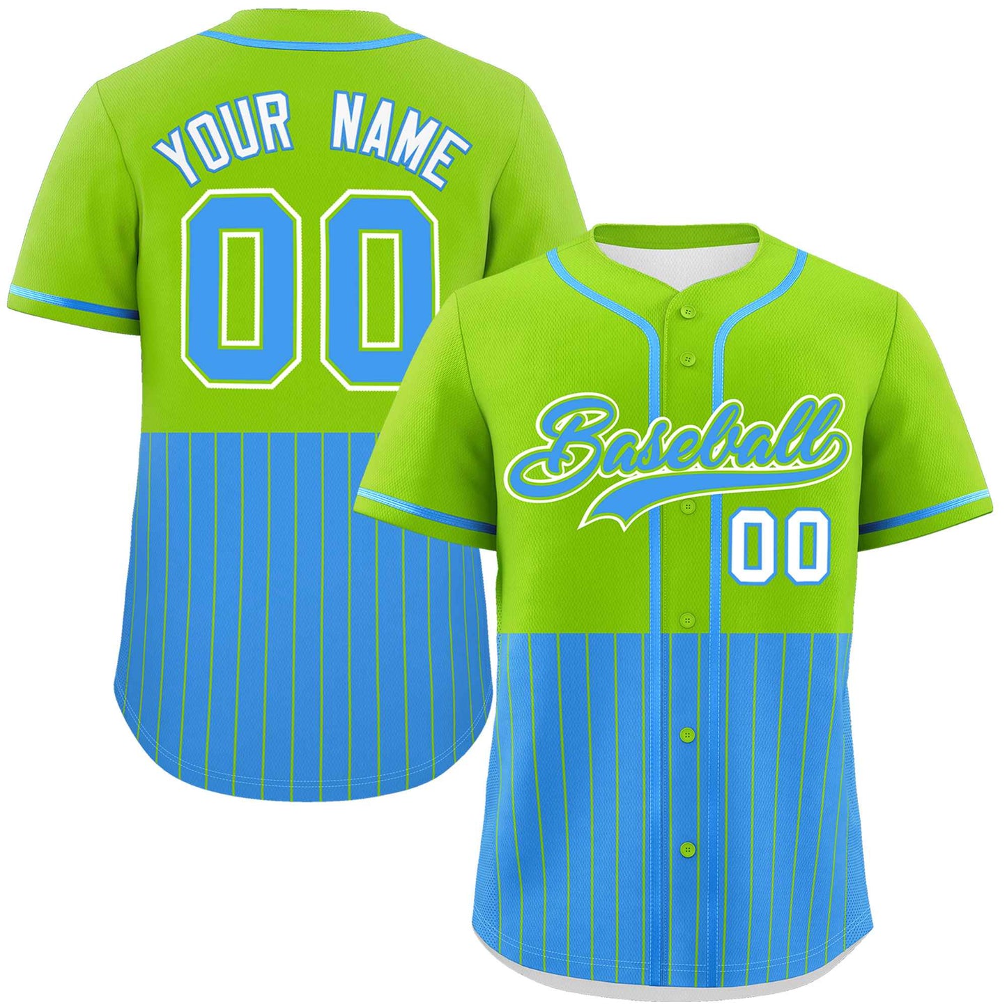 Custom Neon Green Powder Blue Personalized Half Stripe Design Authentic Baseball Jersey