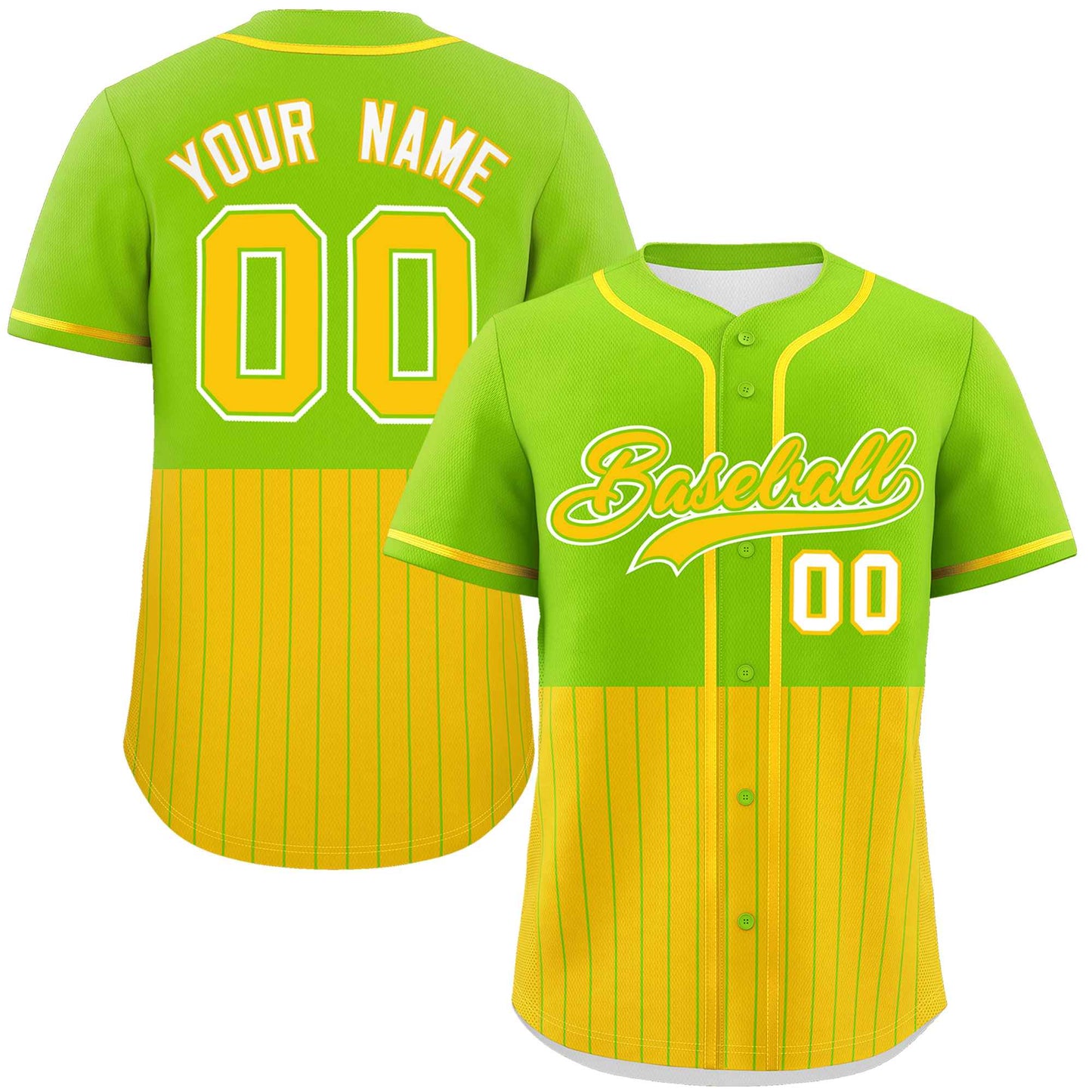 Custom Neon Green Gold Personalized Half Stripe Design Authentic Baseball Jersey