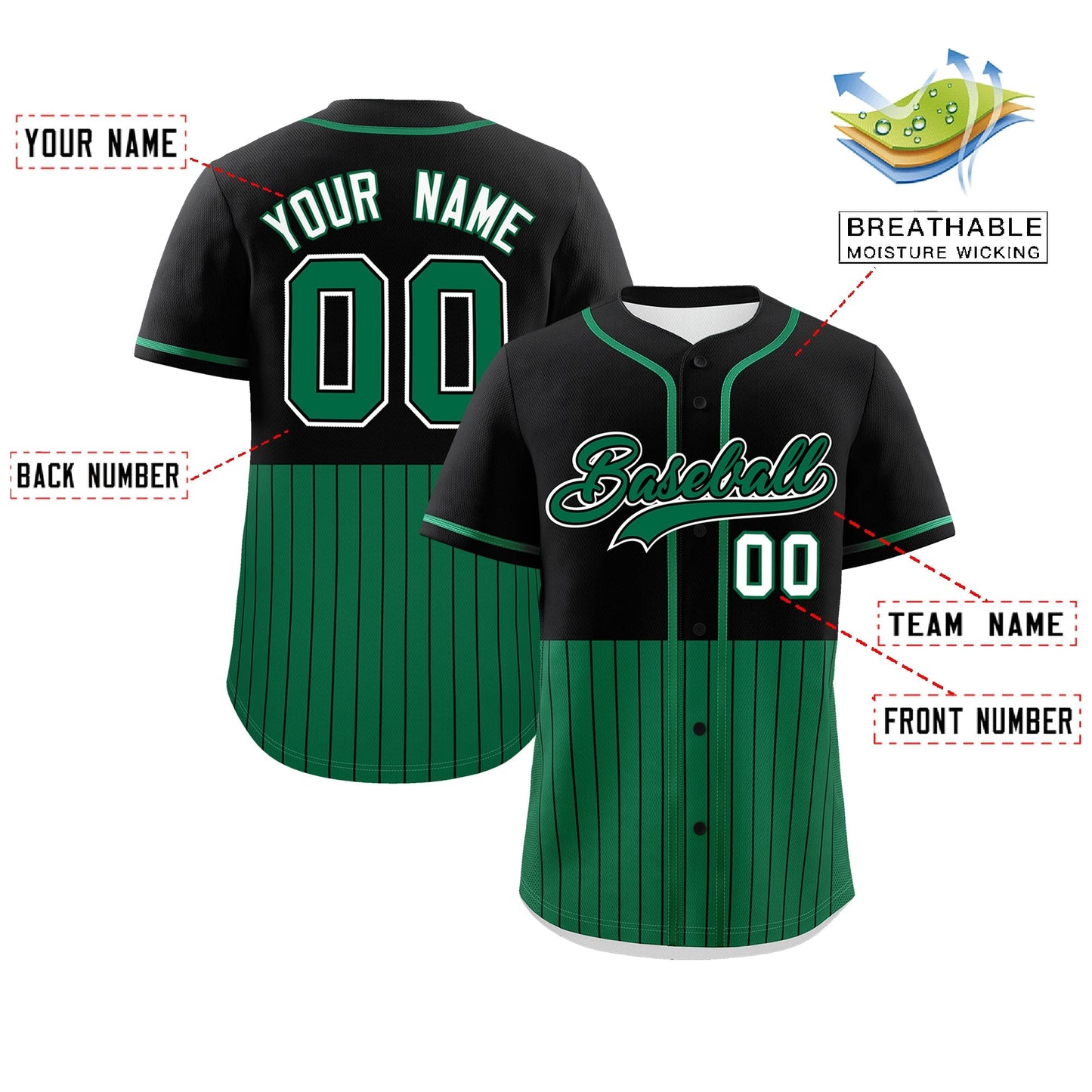 Custom Black Kelly Green Personalized Half Stripe Design Authentic Baseball Jersey