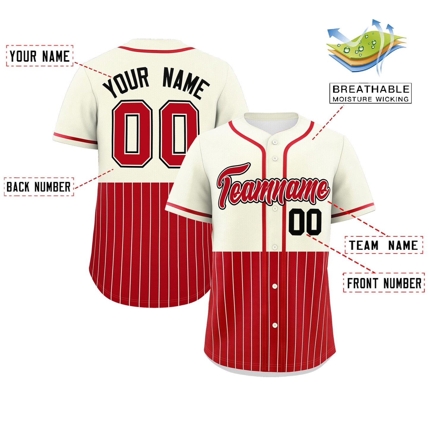 Custom Cream Red Personalized Half Stripe Design Authentic Baseball Jersey