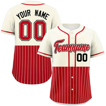 Custom Cream Red Personalized Half Stripe Design Authentic Baseball Jersey