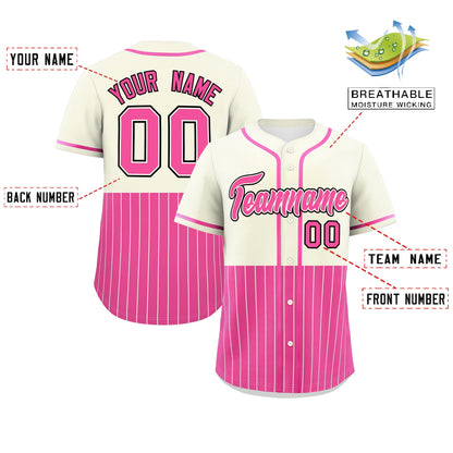 Custom Cream Pink Personalized Half Stripe Design Authentic Baseball Jersey