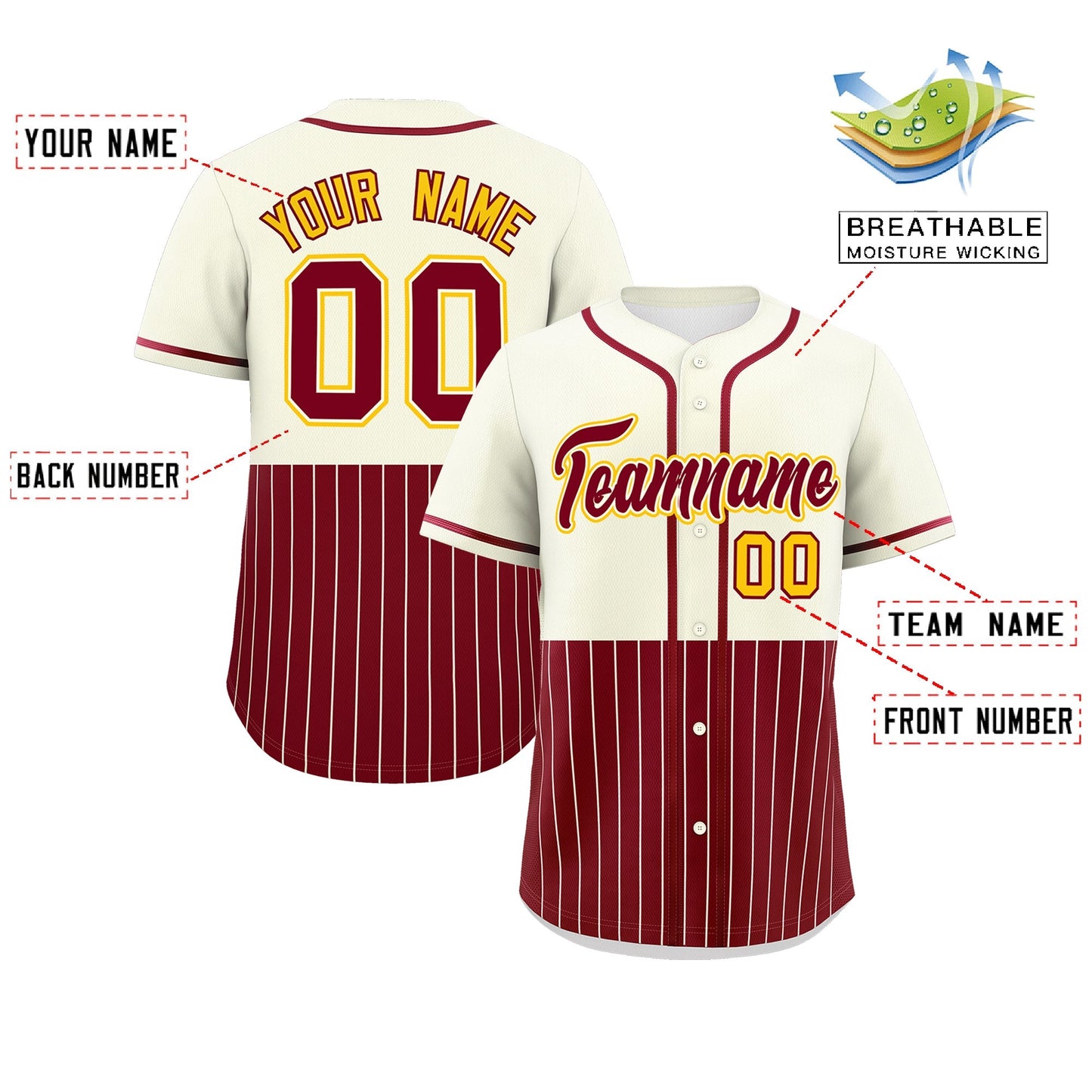 Custom Cream Crimson Personalized Half Stripe Design Authentic Baseball Jersey