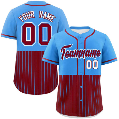 Custom Powder Blue Crimson Personalized Half Stripe Design Authentic Baseball Jersey