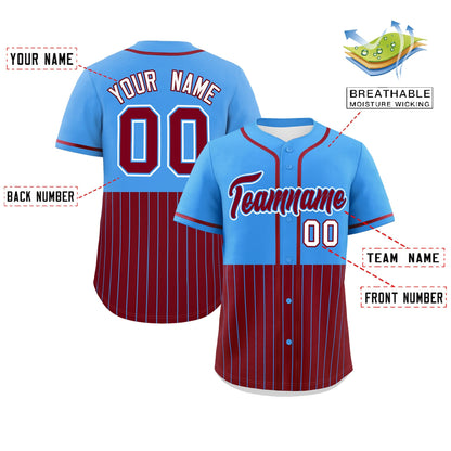 Custom Powder Blue Crimson Personalized Half Stripe Design Authentic Baseball Jersey