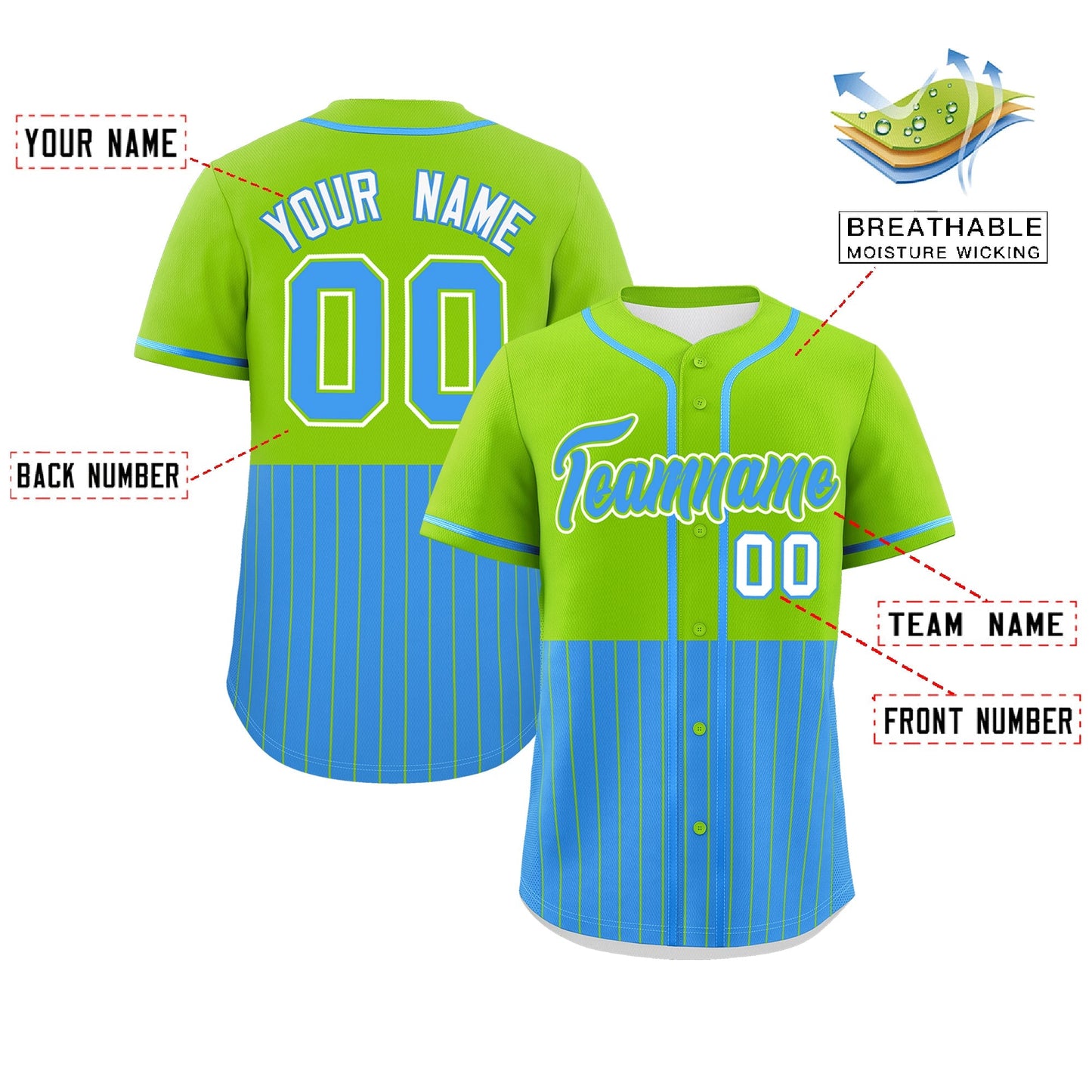 Custom Neon Green Powder Blue Personalized Half Stripe Design Authentic Baseball Jersey