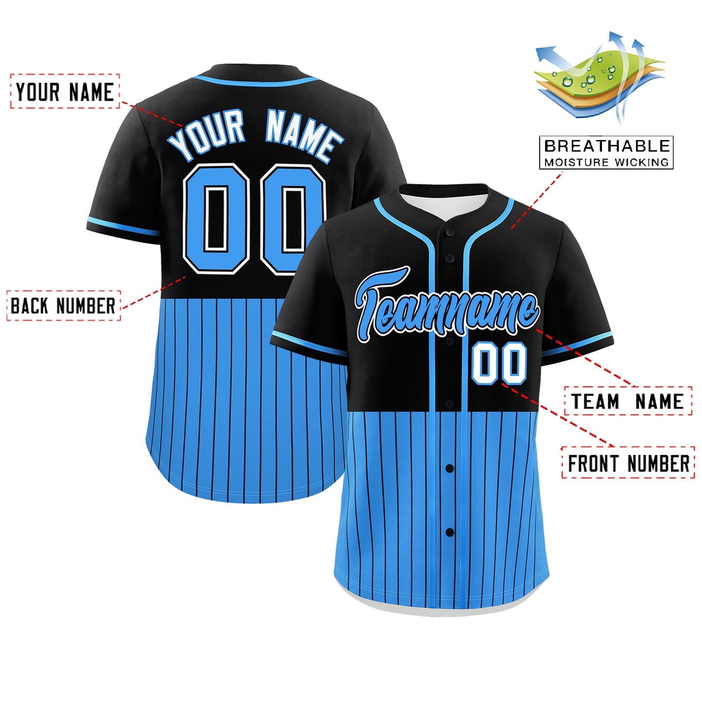 Custom Black Powder Blue Personalized Half Stripe Design Authentic Baseball Jersey