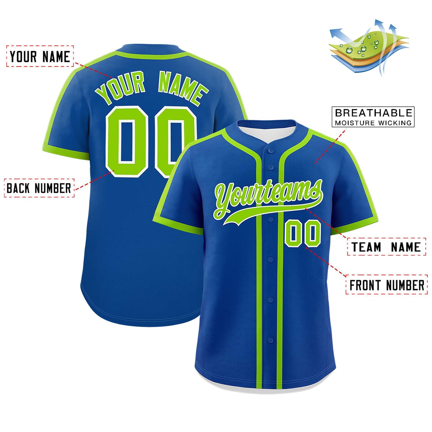 Custom Royal Neon Green Personalized Classic Authentic Baseball Jersey