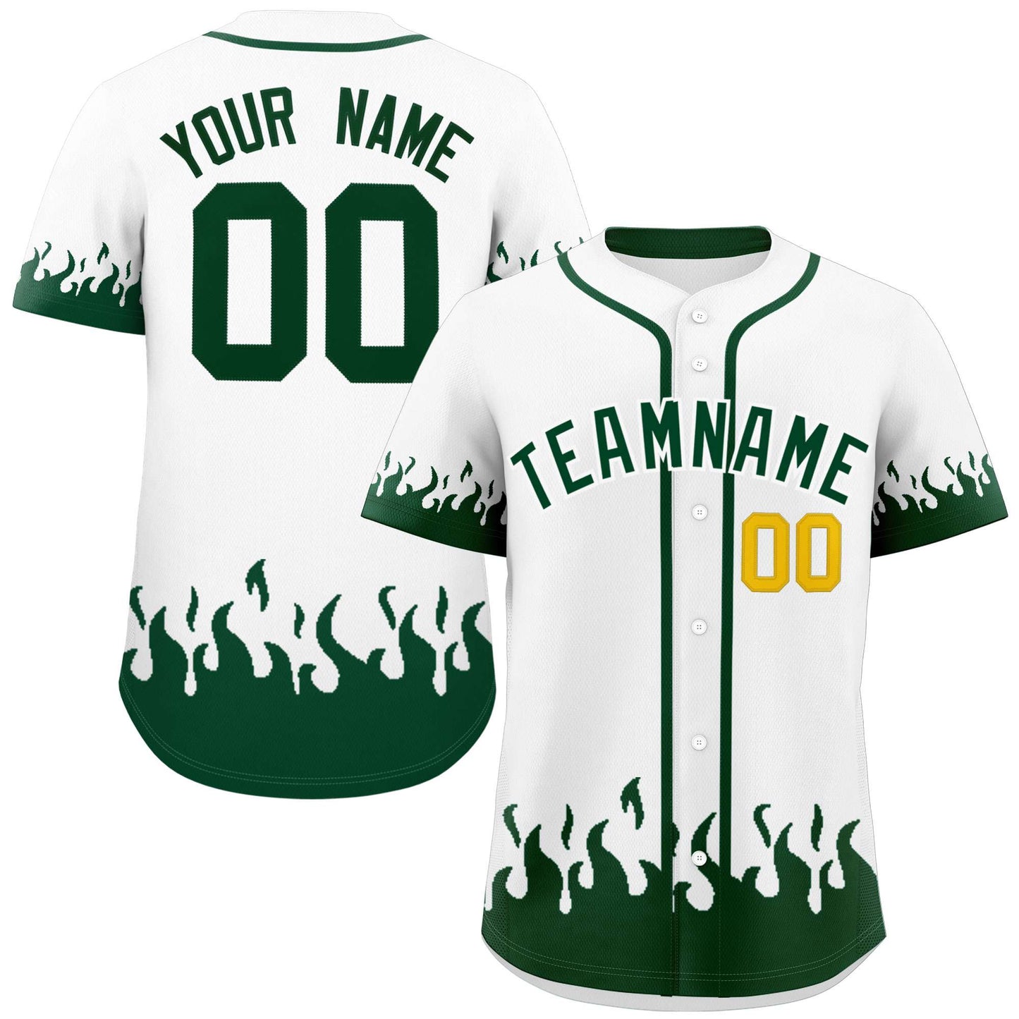 Custom White Green Personalized Flame Graffiti Pattern Authentic Baseball Jersey