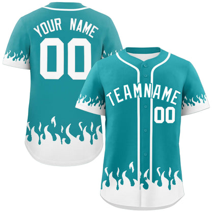 Custom Aqua White Personalized Flame Graffiti Pattern Authentic Baseball Jersey