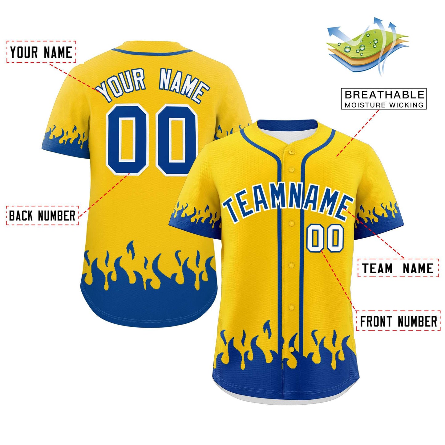 Custom Gold Royal Personalized Flame Graffiti Pattern Authentic Baseball Jersey