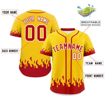 Custom Gold Red Personalized Flame Graffiti Pattern Authentic Baseball Jersey