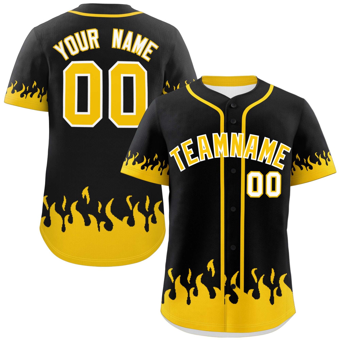 Custom Black Gold Personalized Flame Graffiti Pattern Authentic Baseball Jersey