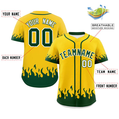 Custom Gold Green Personalized Flame Graffiti Pattern Authentic Baseball Jersey