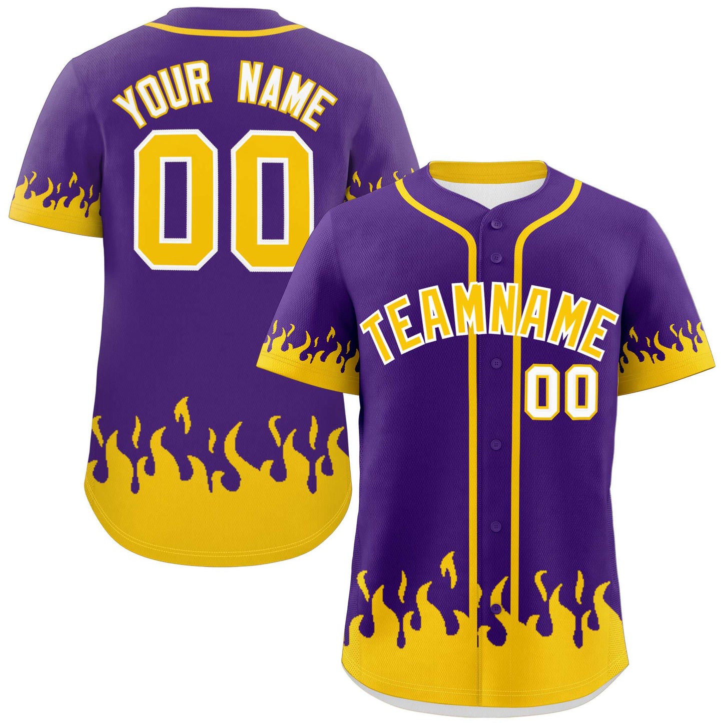 Custom Purple Gold Personalized Flame Graffiti Pattern Authentic Baseball Jersey