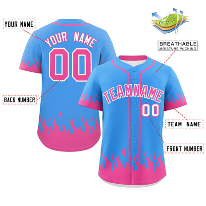 Custom Powder Blue Pink Personalized Flame Graffiti Pattern Authentic Baseball Jersey