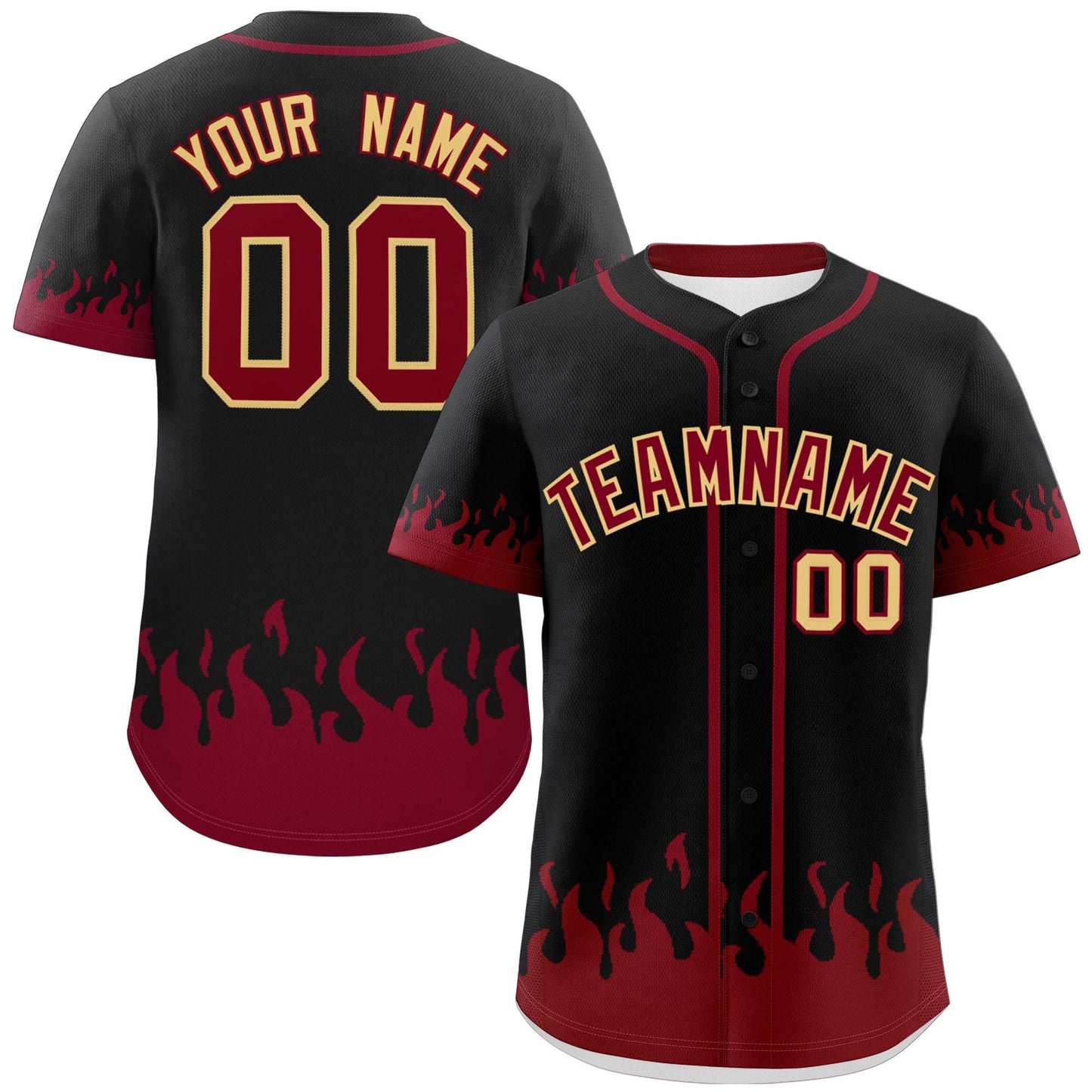 Custom Black Crimson Personalized Flame Graffiti Pattern Authentic Baseball Jersey