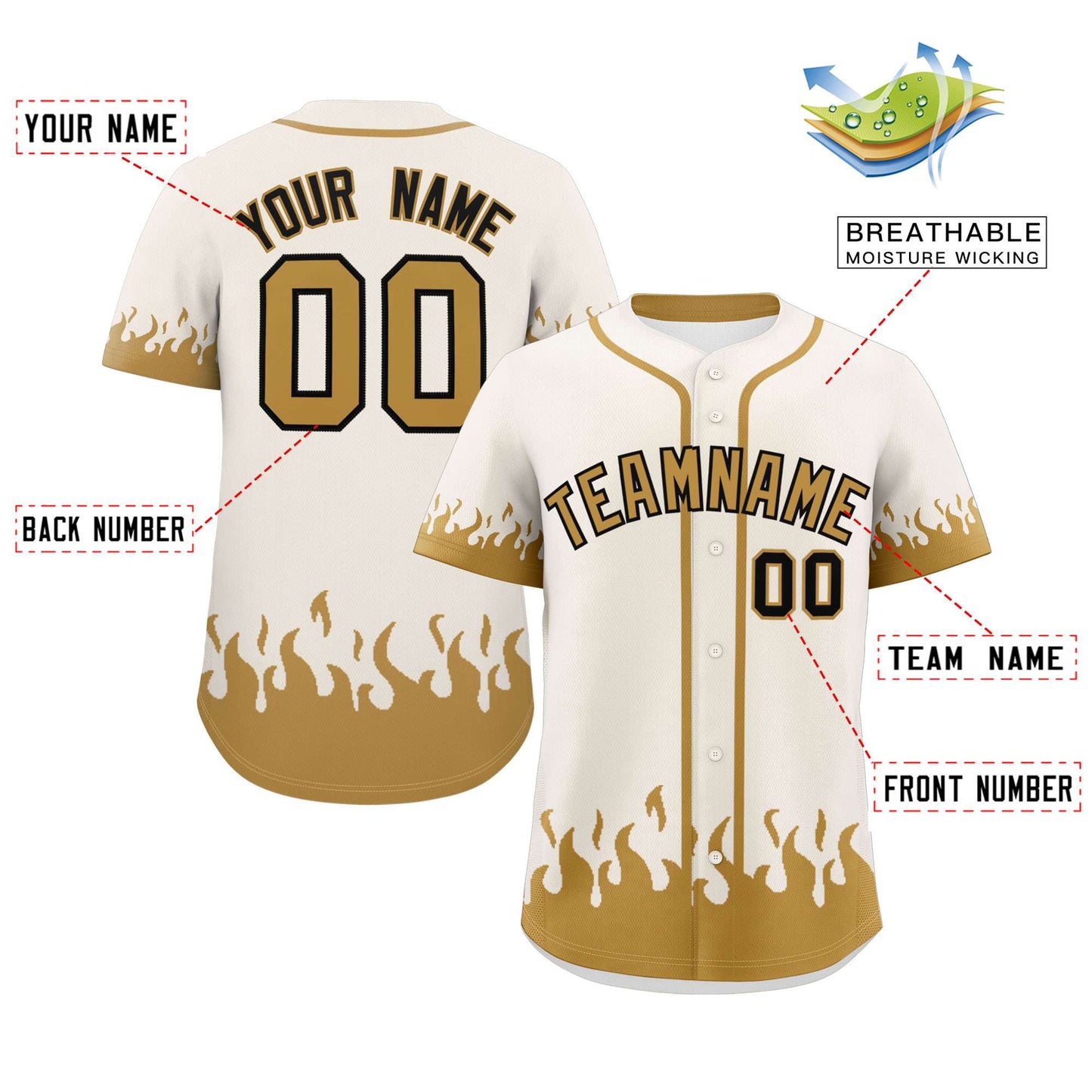 Custom Cream Old Gold Personalized Flame Graffiti Pattern Authentic Baseball Jersey