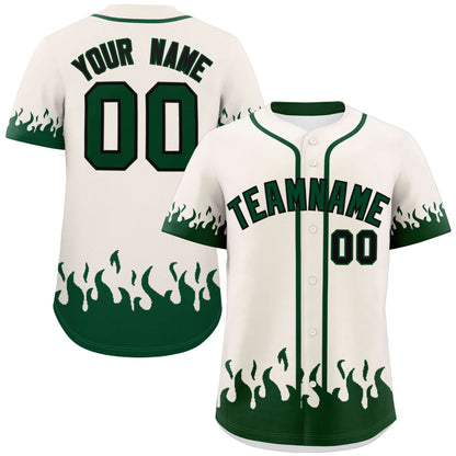 Custom Cream Green Personalized Flame Graffiti Pattern Authentic Baseball Jersey