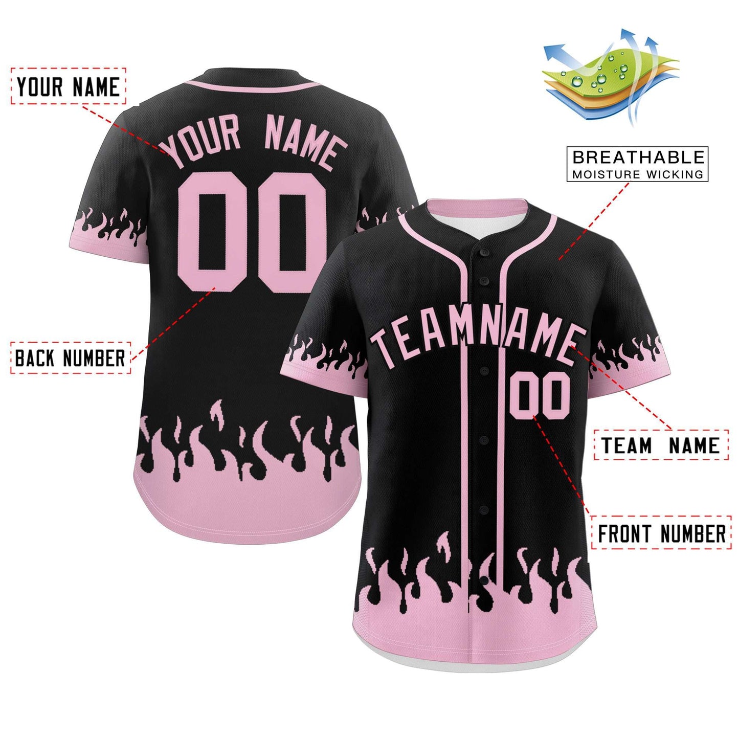 Custom Black Light Pink Personalized Flame Graffiti Pattern Authentic Baseball Jersey