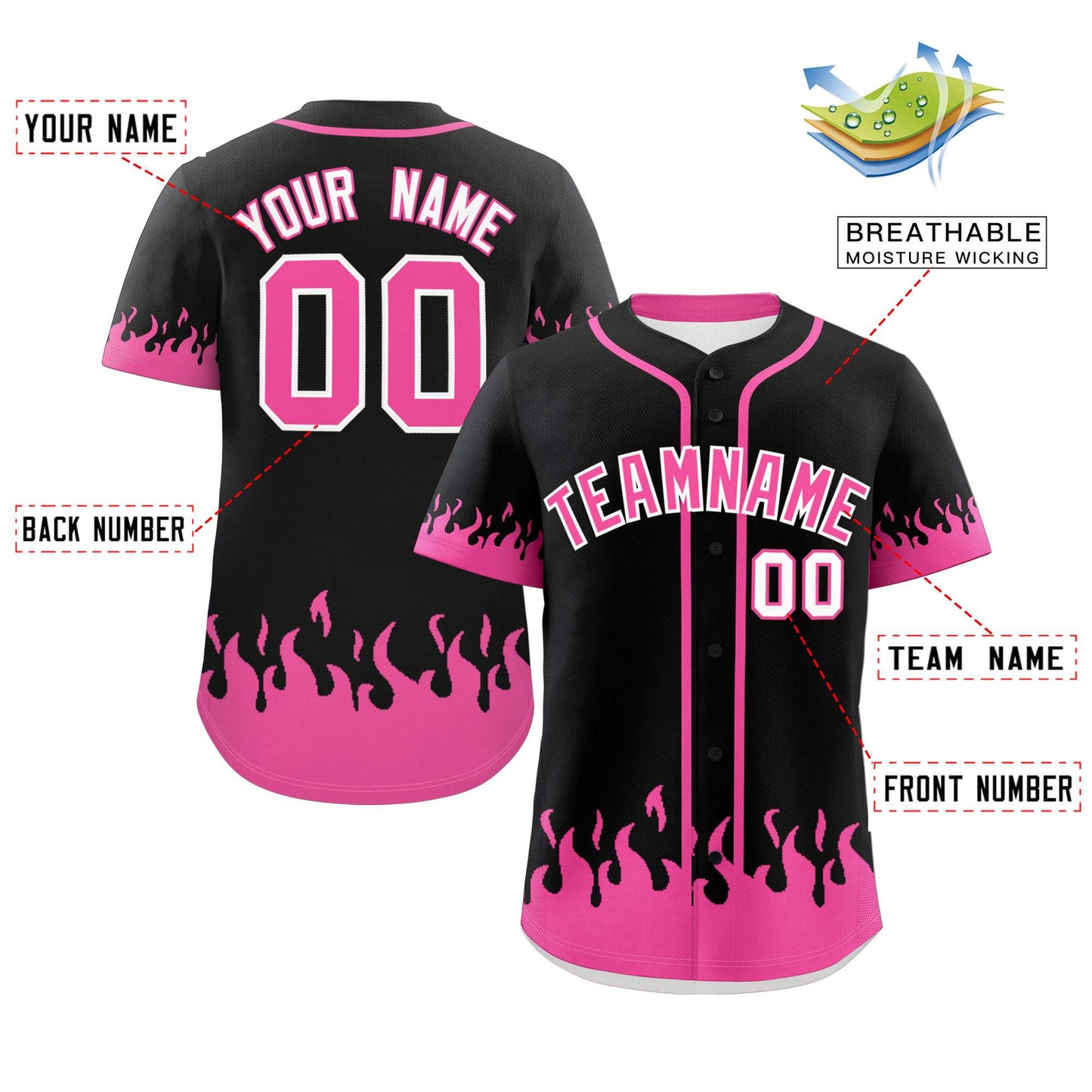 Custom Black Pink Personalized Flame Graffiti Pattern Authentic Baseball Jersey