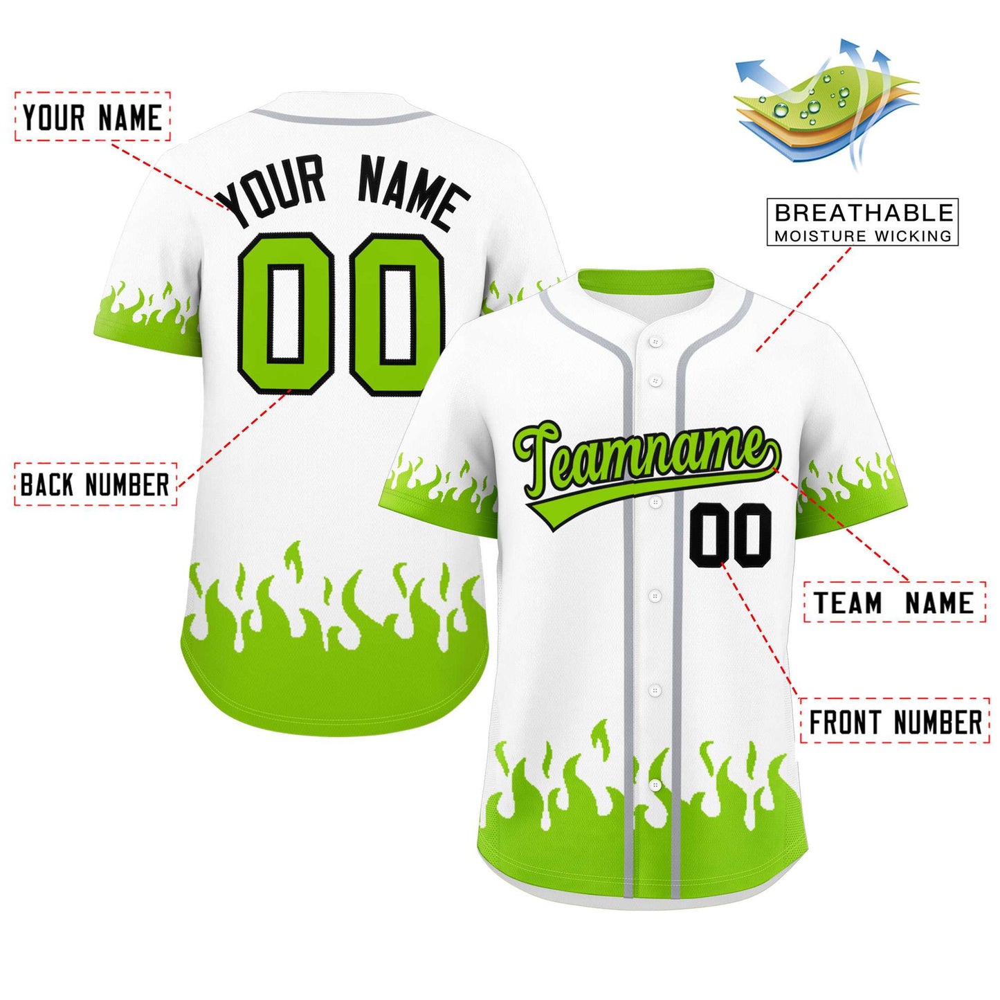 Custom White Neon Green Personalized Flame Graffiti Pattern Authentic Baseball Jersey