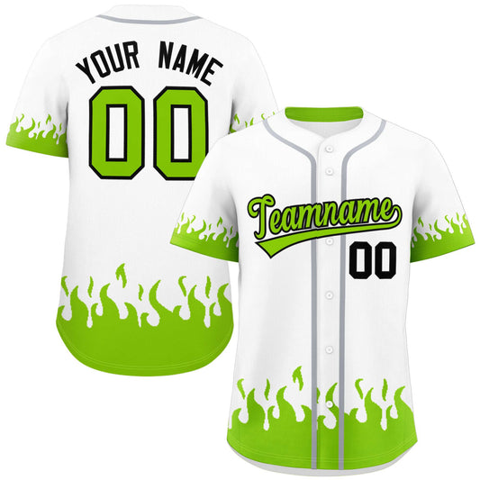 Custom White Neon Green Personalized Flame Graffiti Pattern Authentic Baseball Jersey